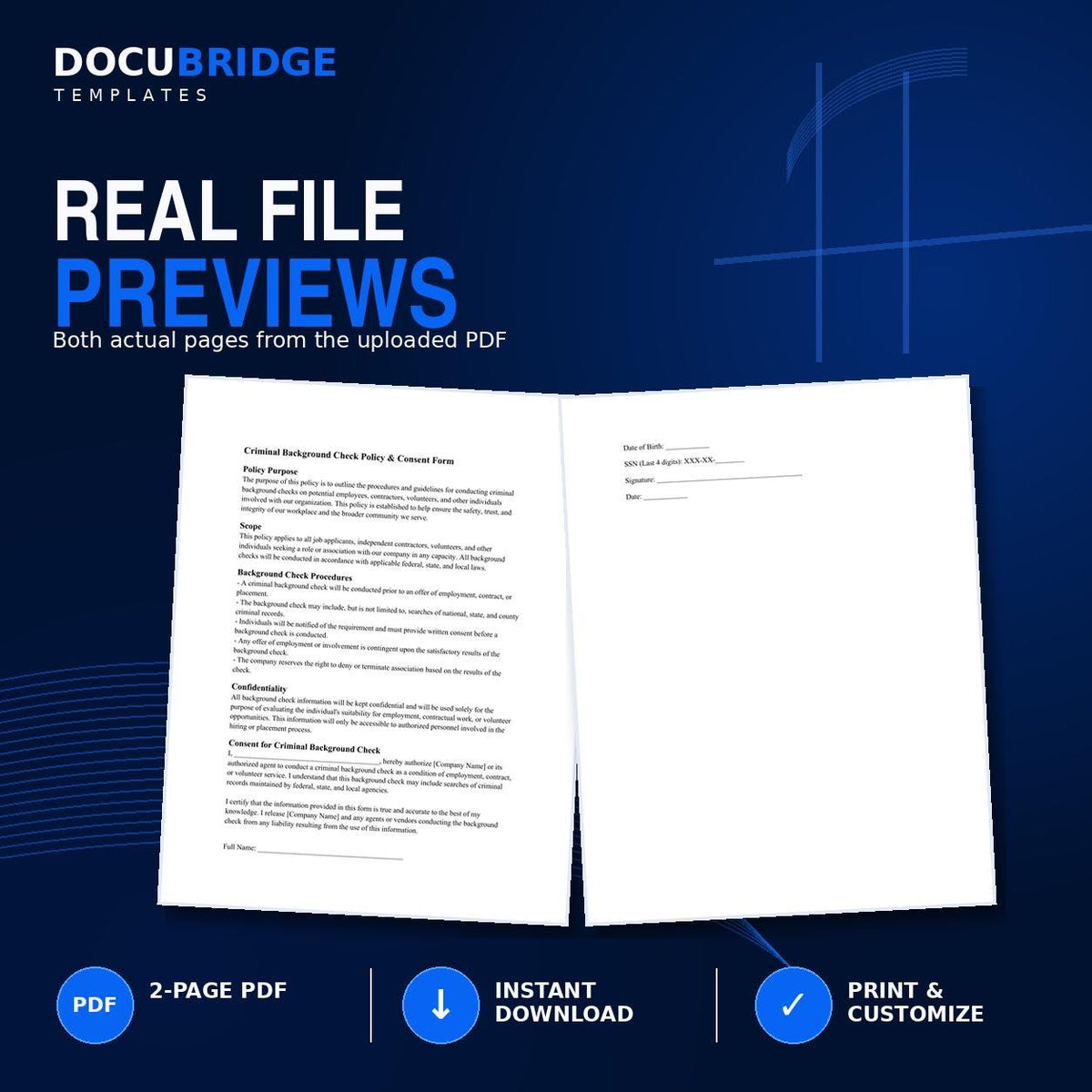 Criminal Background Check Policy & Consent Form – Employee Screening Authorization, HR Hiring , Volunteer Form | PDF and Word