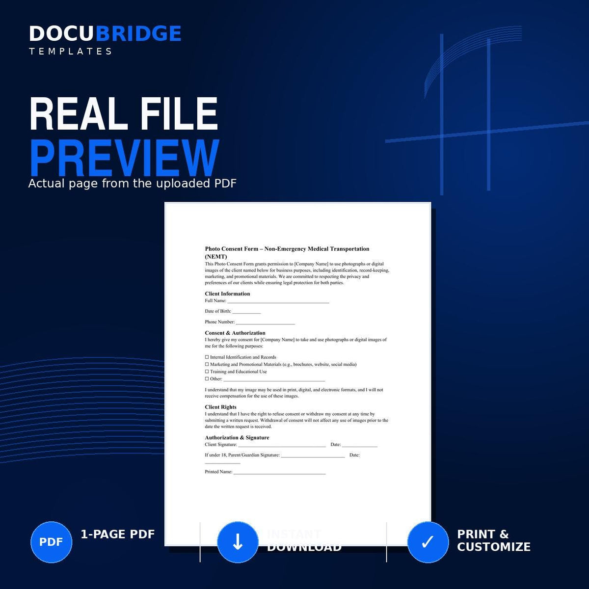 NEMT Photo Consent Form Template – Client Image Release, Marketing Authorization & Photography Permission | PDF and Word