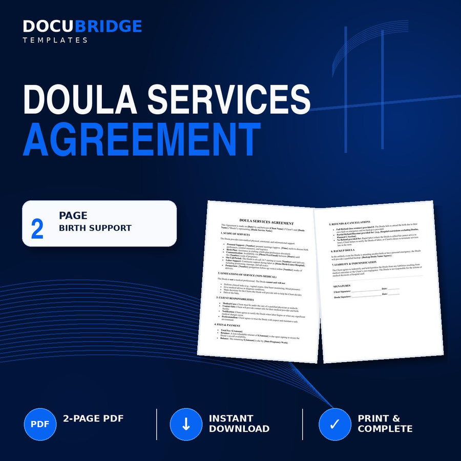 Doula Services Agreement Template – Birth Doula Contract, Prenatal & Labor Support, Fees, On-Call,  Backup Doula | PDF and Word