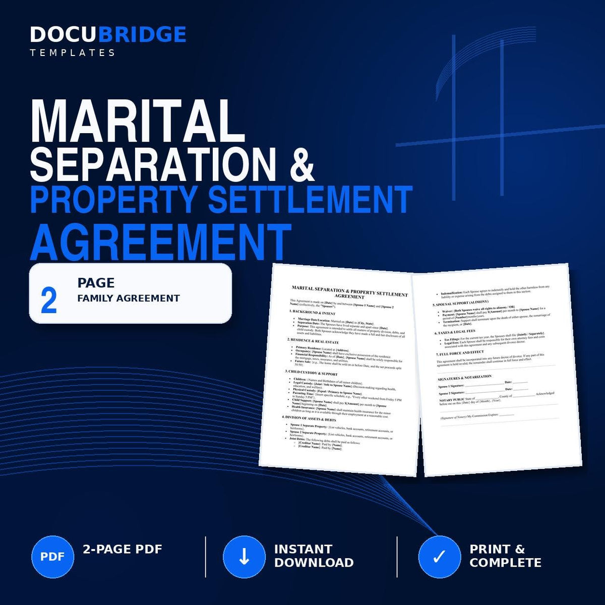 Marital Separation Agreement Template – Property Settlement, Child Custody, Support, Assets & Debt Division | PDF and Word