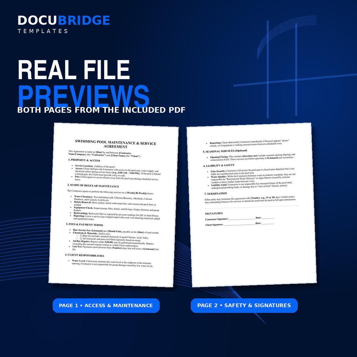 Swimming Pool Maintenance Agreement Template | Pool Service Contract | Cleaning, Chemicals, Repairs & Seasonal Service | PDF and Word