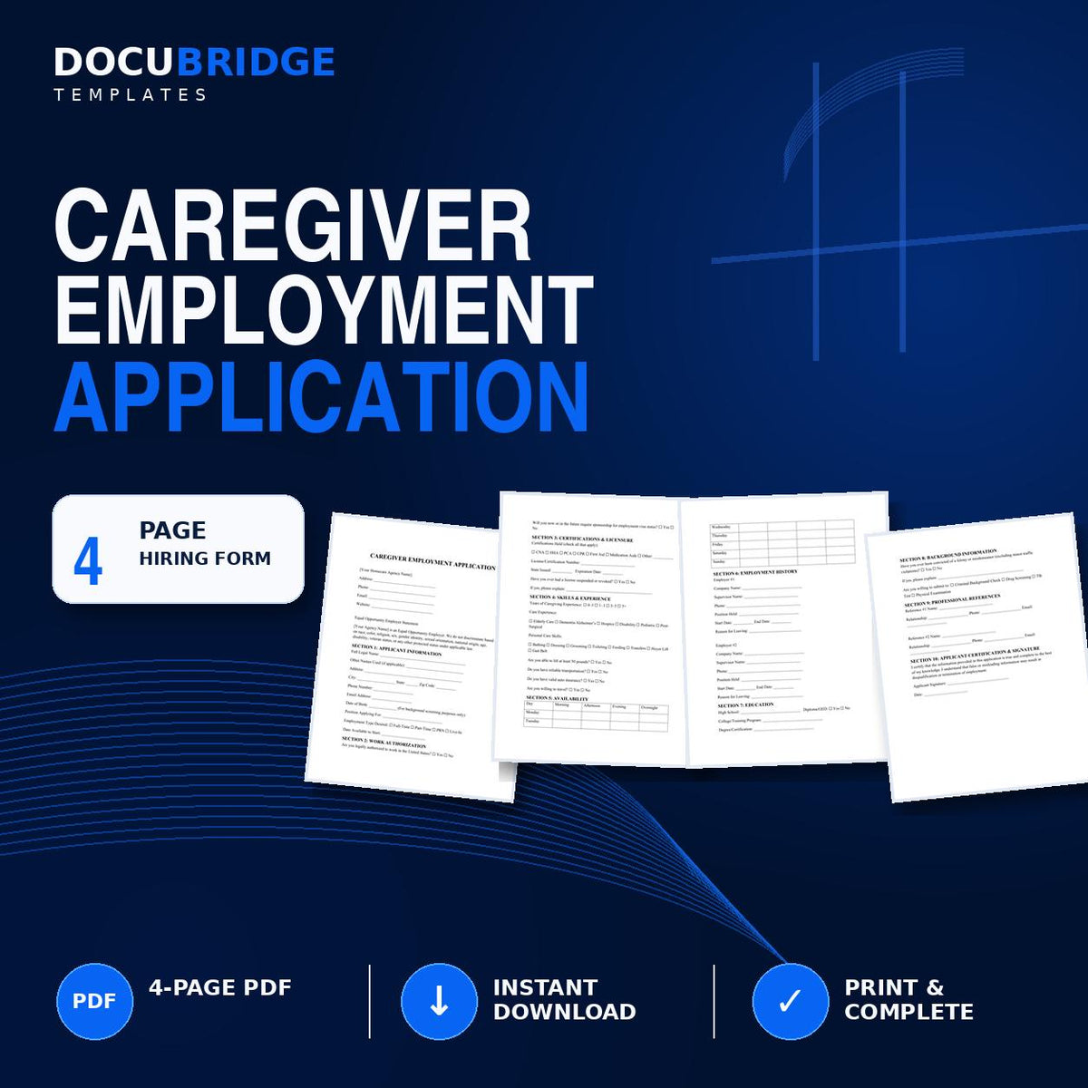 Caregiver Employment Application Template | Home Care Job Application | CNA PCA Hiring Form, Background Check & HR Form
