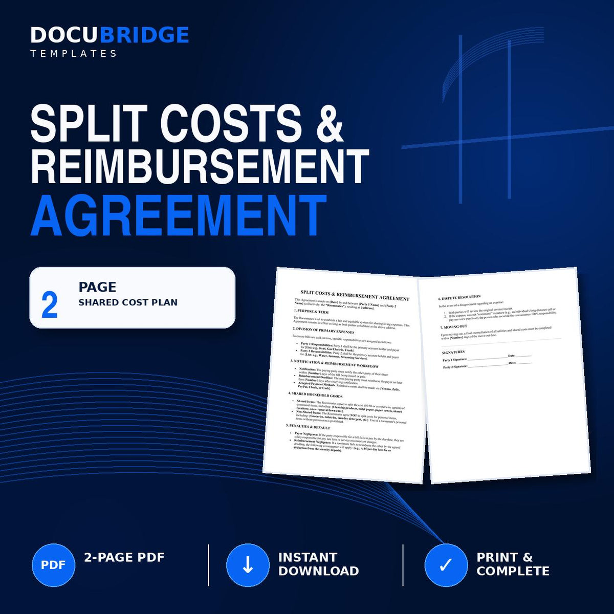 Split Costs & Reimbursement Agreement Template | Roommate Expense Sharing Contract | Rent, Utilities, Shared Bills Agreement | PDF and Word