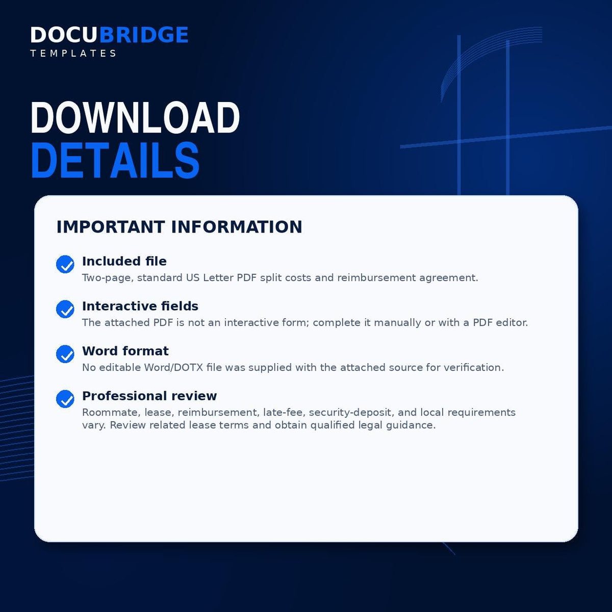 Split Costs & Reimbursement Agreement Template | Roommate Expense Sharing Contract | Rent, Utilities, Shared Bills Agreement | PDF and Word