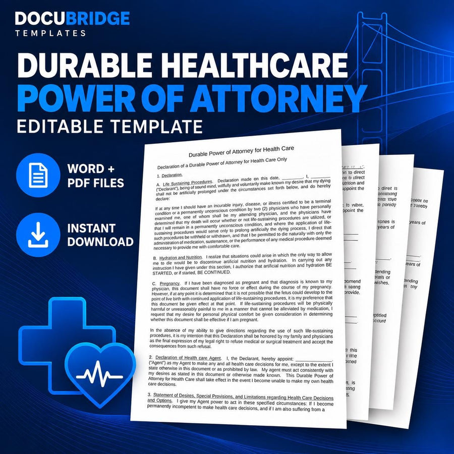 Durable Healthcare Power of Attorney Template | Medical POA & Advance Healthcare Directive | Health Care Agent and Living Will | PDF, Word