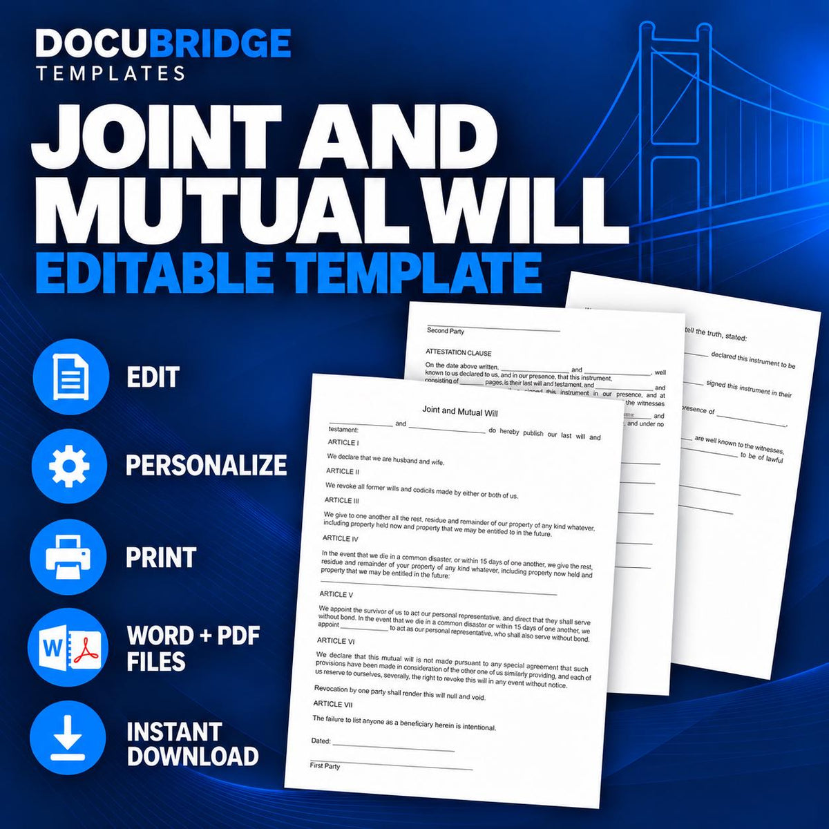 Joint and Mutual Will Template for Married Couples | Husband & Wife Last Will and Testament | Spousal Estate Planning Will | PDF and Word