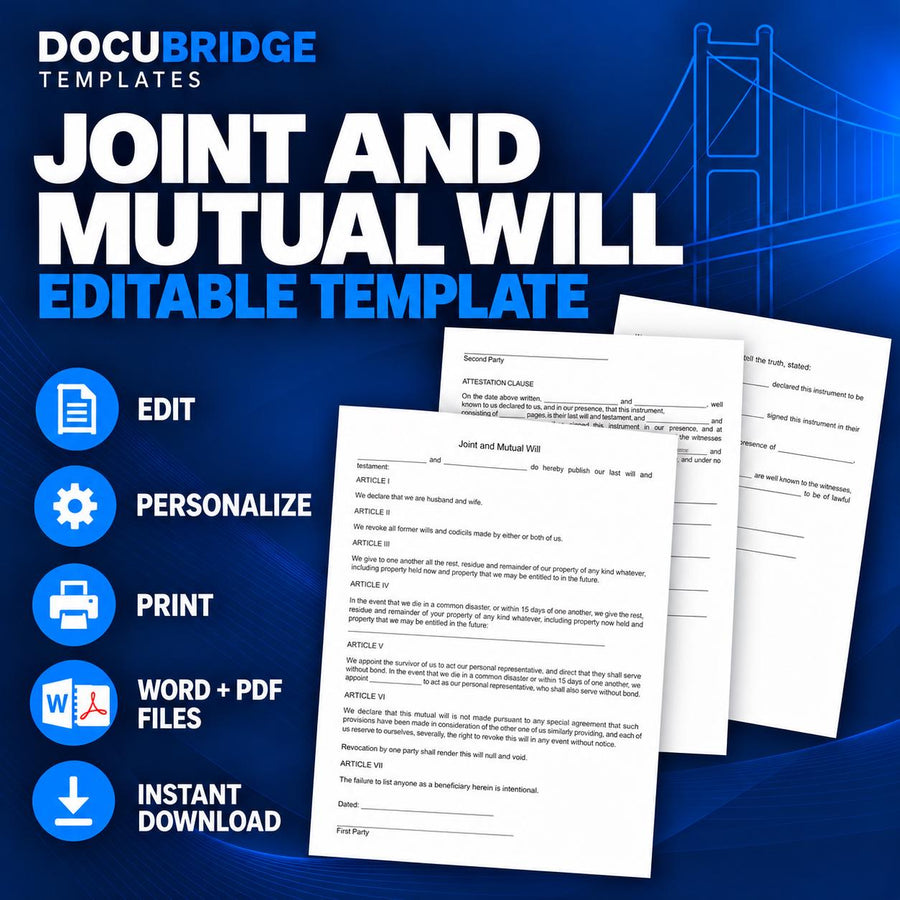 Joint and Mutual Will Template for Married Couples | Husband & Wife Last Will and Testament | Spousal Estate Planning Will | PDF and  Word