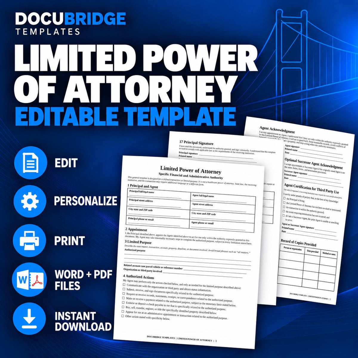 Limited Power of Attorney Template | Specific Financial & Administrative POA | Agent Authorization and Transaction Authority | PDF , Word