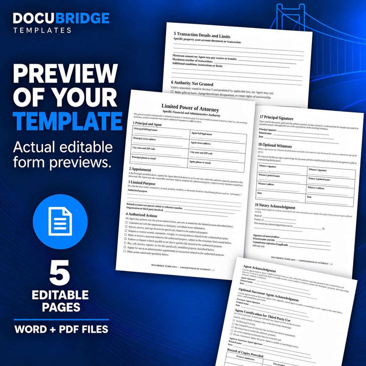 Limited Power of Attorney Template | Specific Financial & Administrative POA | Agent Authorization and Transaction Authority | PDF , Word