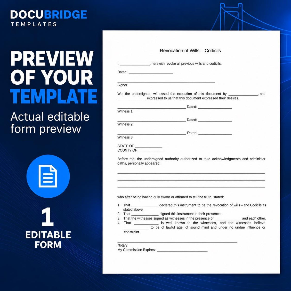 Revocation of Will Template | Revoke Last Will & Testament and Codicils | Estate Planning Will Revocation Form with Witness and Notary